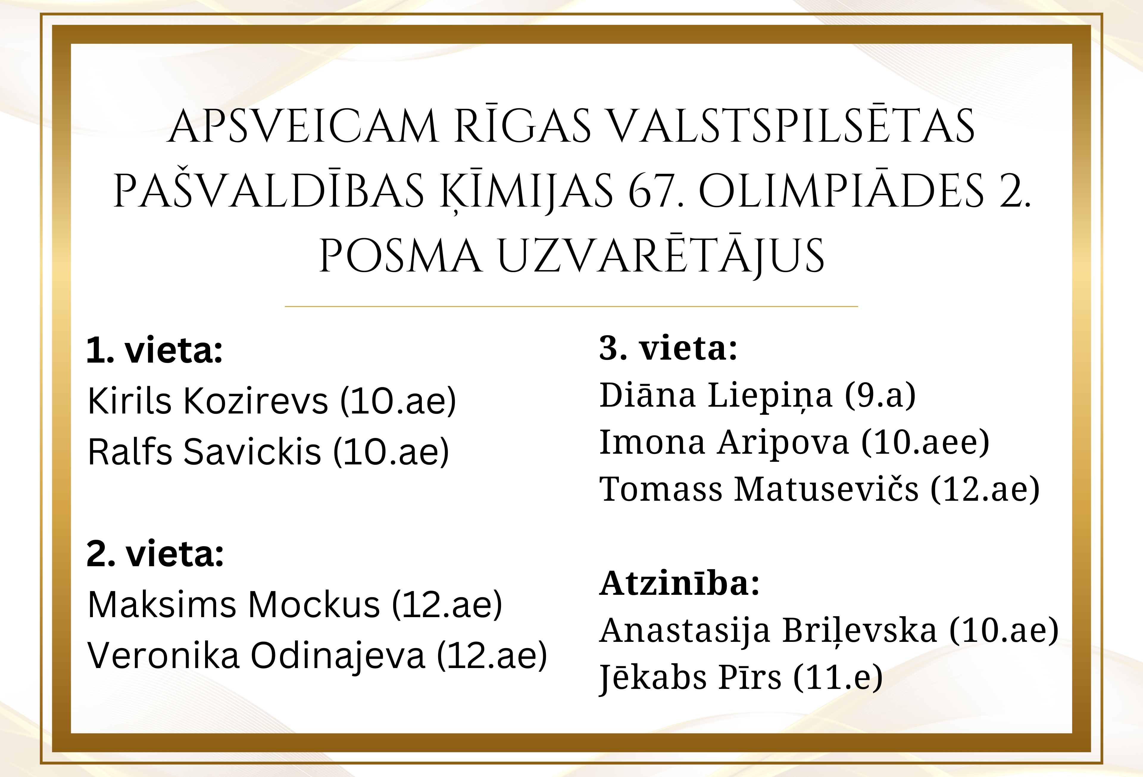Ķīmijas 67. olimpiādes uzvarētāji